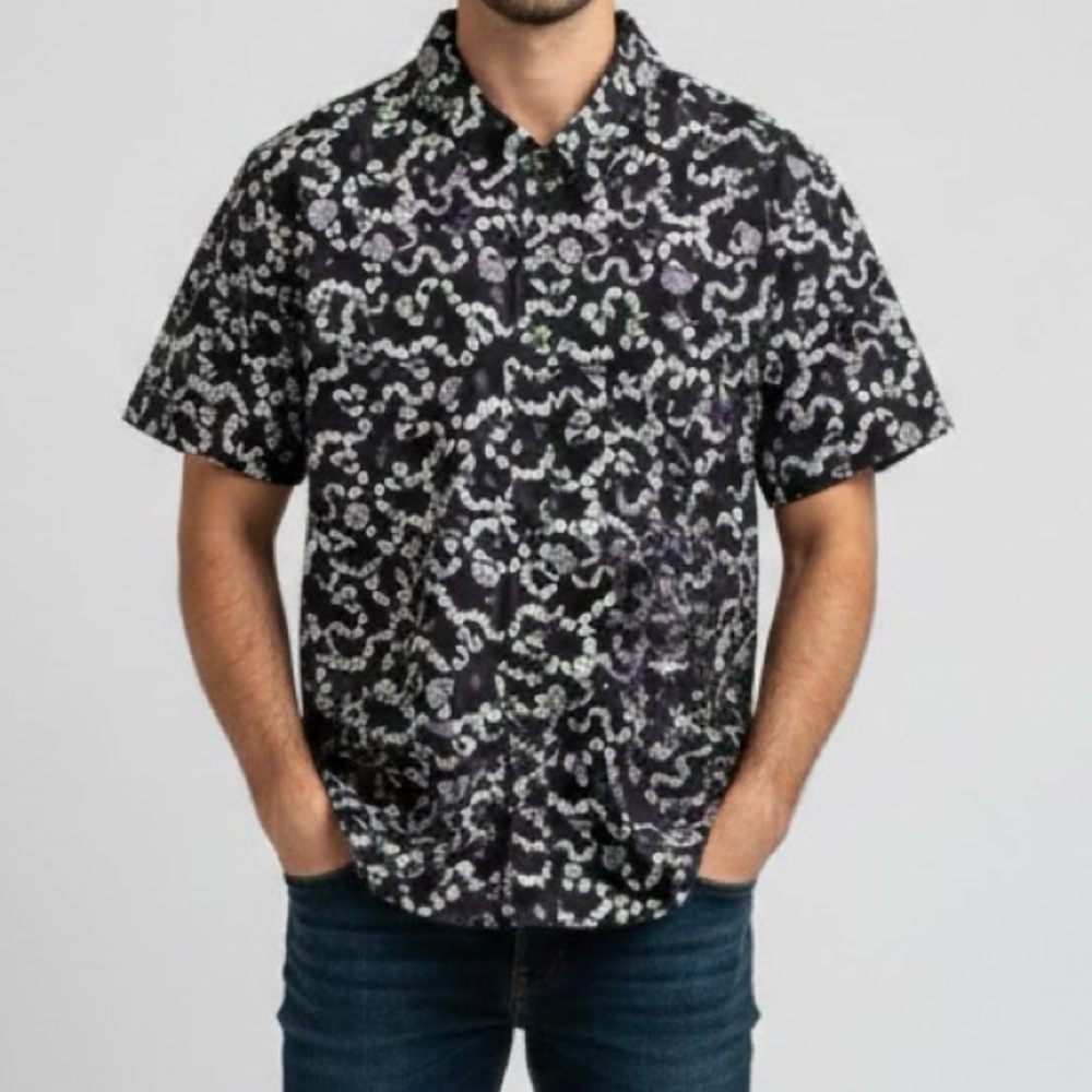 Beetlejuice Black Printed Short Sleeve Button Down Large